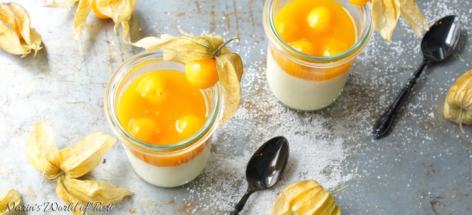 Vegetarian Panna Cotta with Passion Fruit & Physalis Coulis