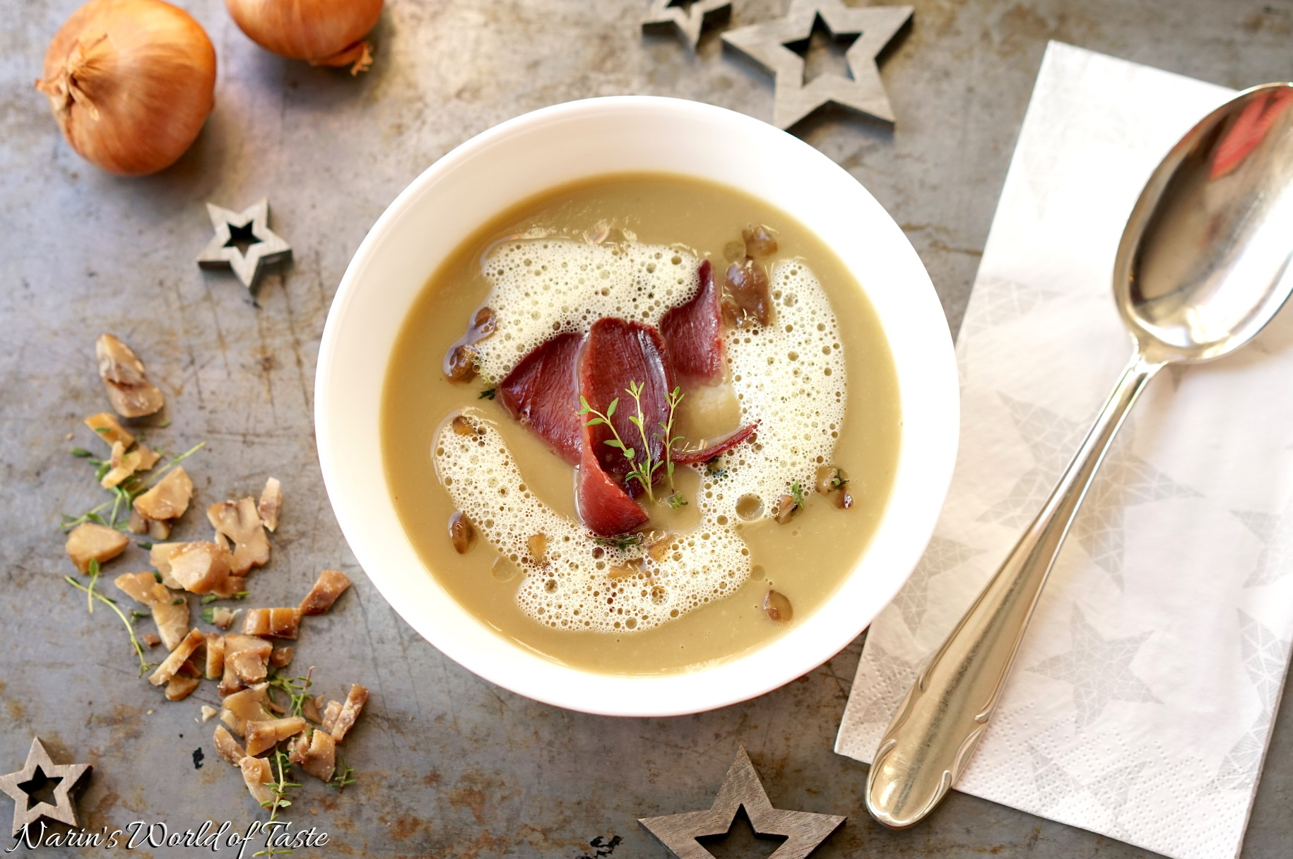 Chestnut Soup with Smoked Wild Duck Breast and Orange Foam – Narin's