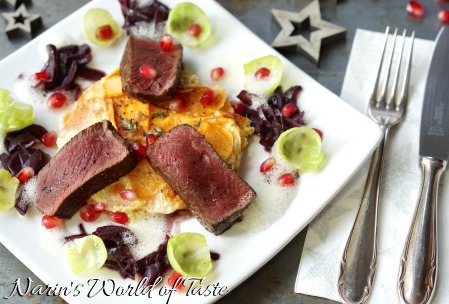 Fillet of Venison on Sweet Potato Gratin, Brussels Sprouts, Red Wine Shallots, and Juniper Berry Foam